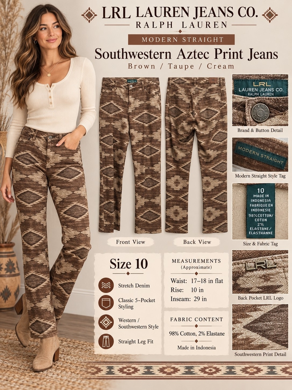 Southwestern Aztec Print Straight Jeans - Brown/Cream (Size 10)